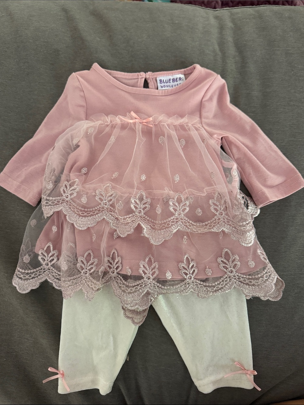 Blueberi Boulevard Pink Lace Tiered Dress with Cream Leggings Set